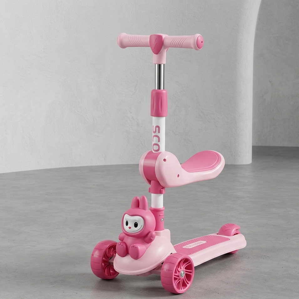 Labubu Character Kids Scooter With Seat Adjustable Manual Balance Riding Scooter