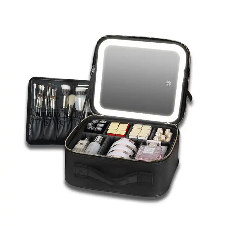 Portable Large Capacity Makeup Bag With Mirror Lighted Cosmetic Organizer Storage