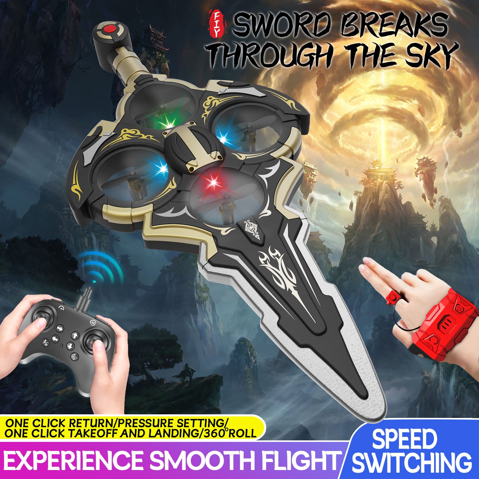 LED Sword Drone Remote Control Flying Toy With Stunt Action Features