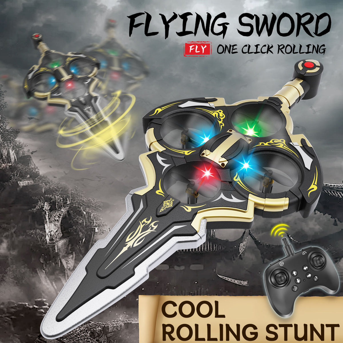 LED Sword Drone Remote Control Flying Toy With Stunt Action Features