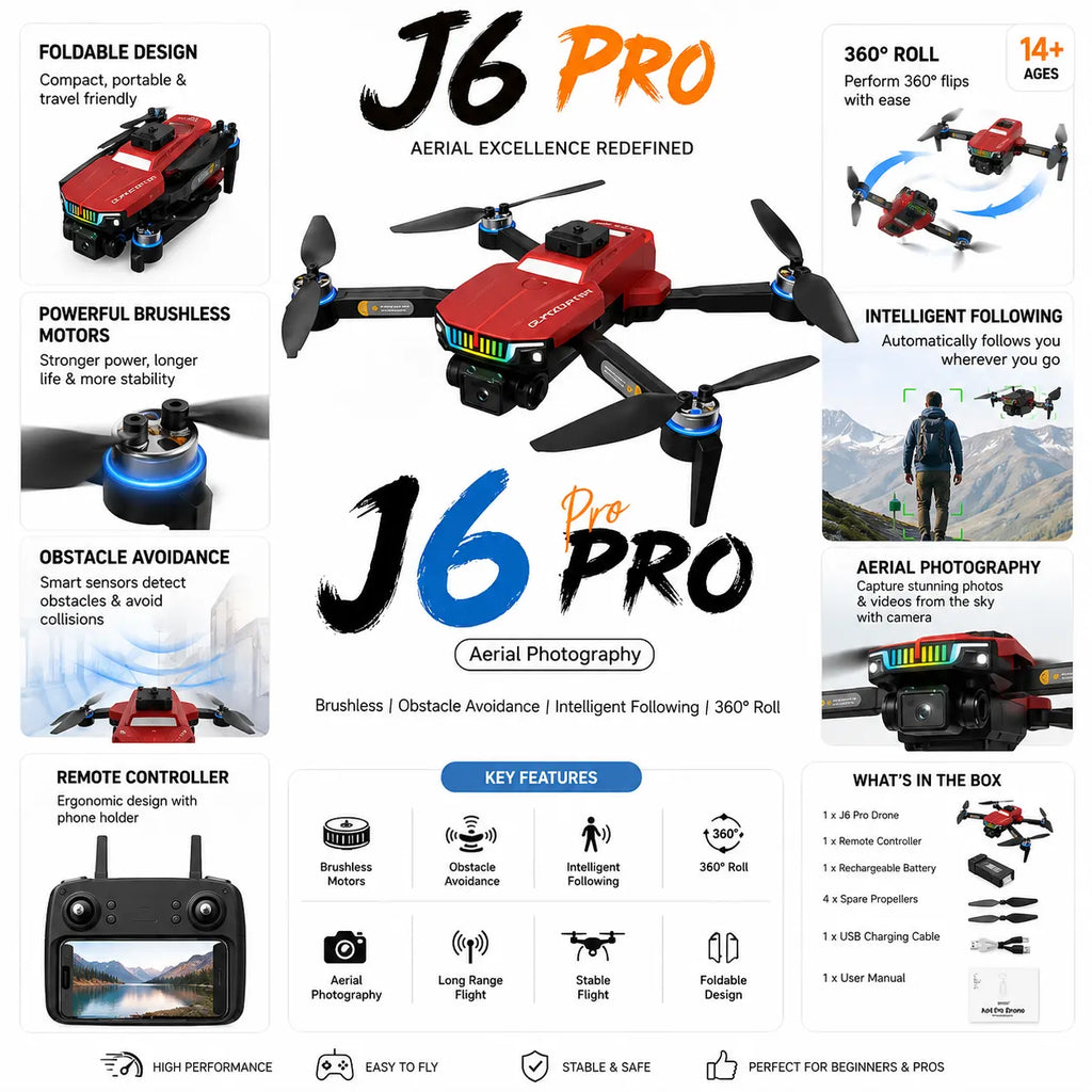 J6 Pro Camera Drone Quadcopter Brushless Motor Optical Flow