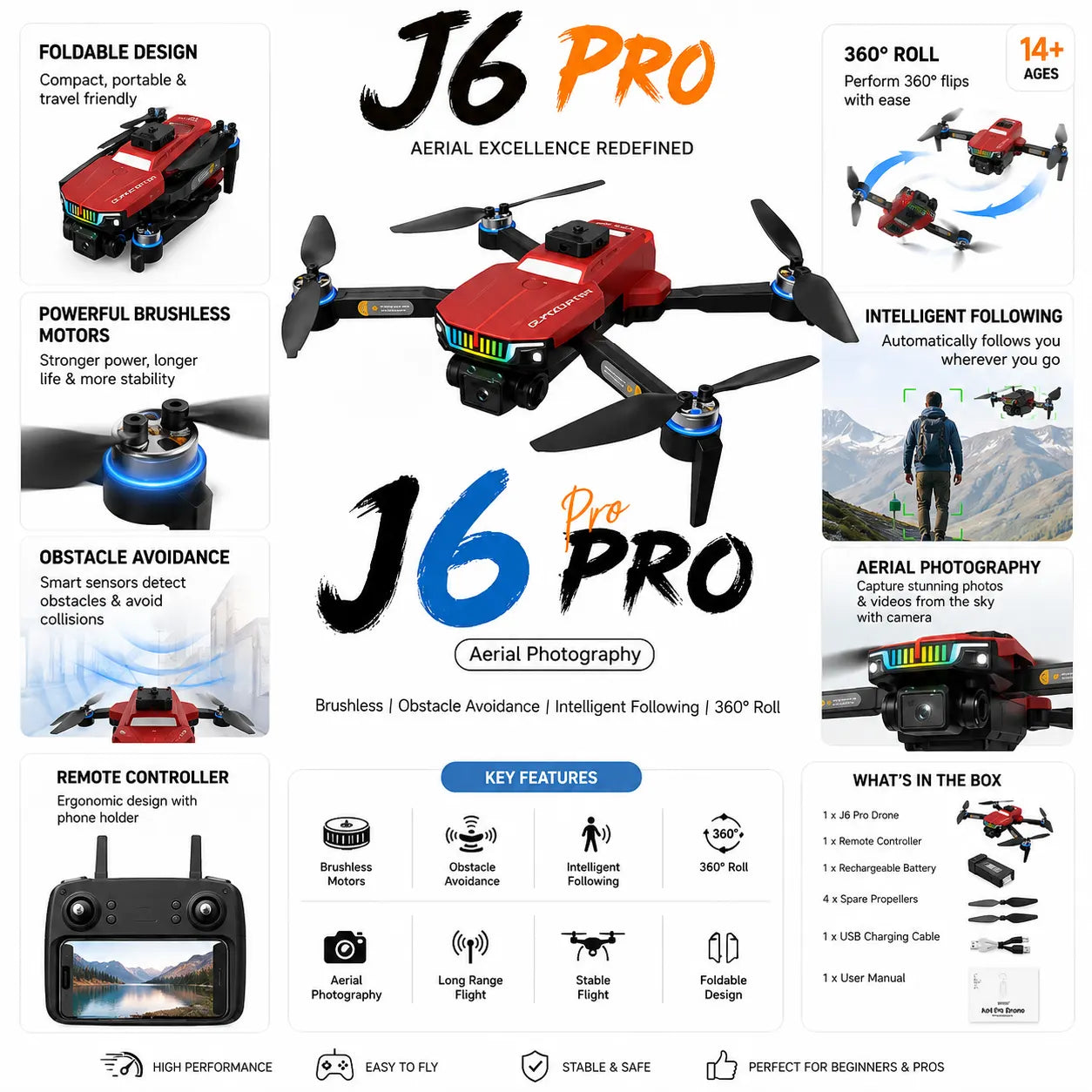 J6 Pro Camera Drone Quadcopter Brushless Motor Optical Flow