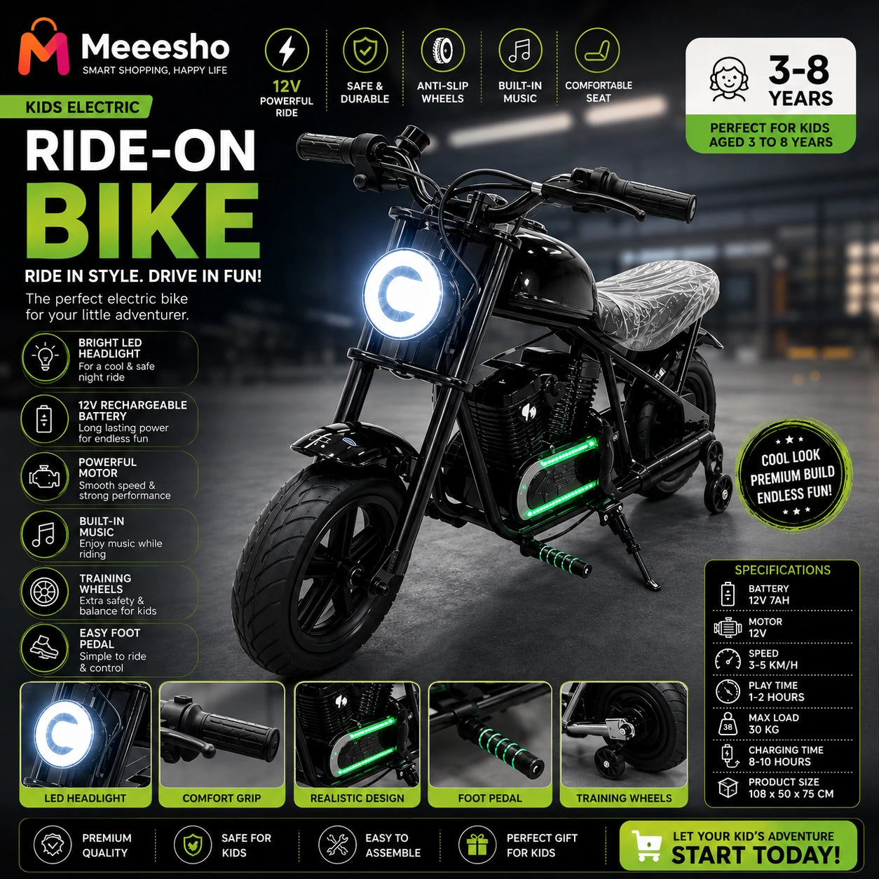 Kids Electric Ride-On Chopper Bike with LED Headlight