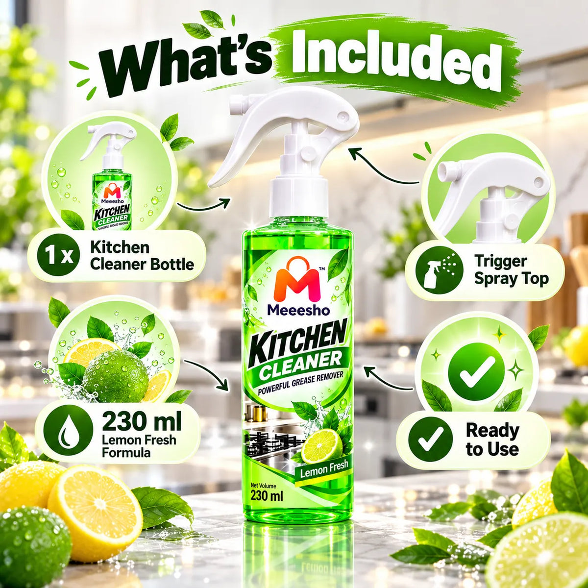 Meeesho's 230ml Kitchen Cleaner Lemon Fresh Grease Remover