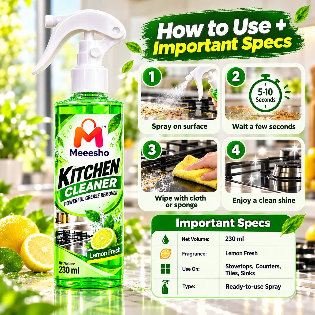Meeesho's 230ml Kitchen Cleaner Lemon Fresh Grease Remover