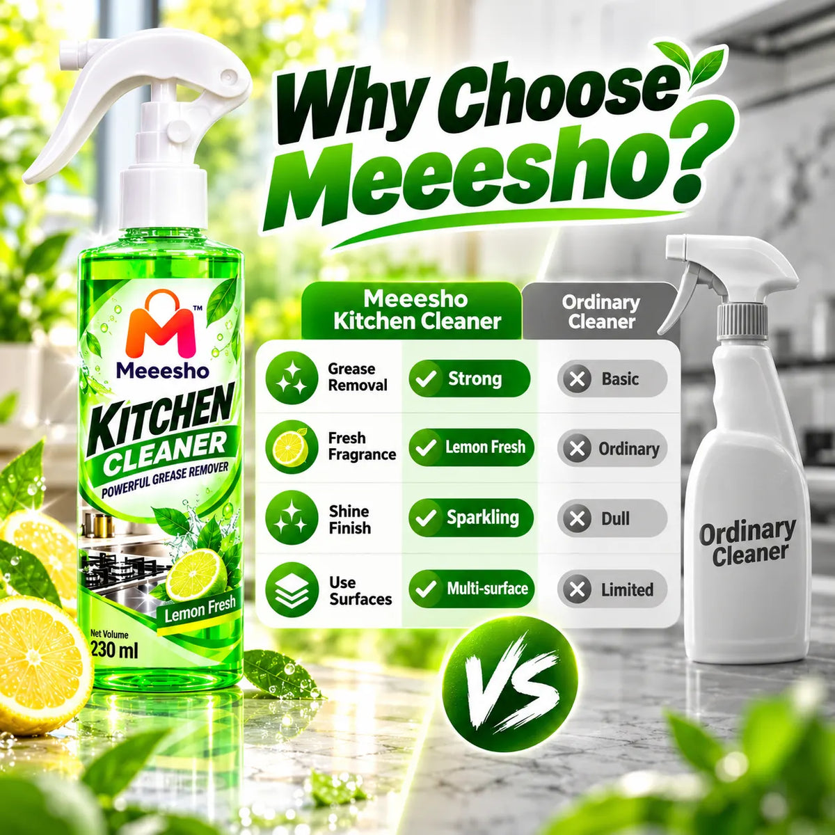 Meeesho's 230ml Kitchen Cleaner Lemon Fresh Grease Remover