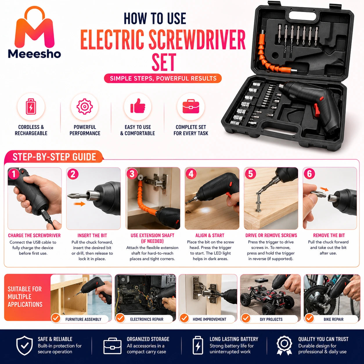 Cordless Rechargeable Electric Screwdriver Kit Set