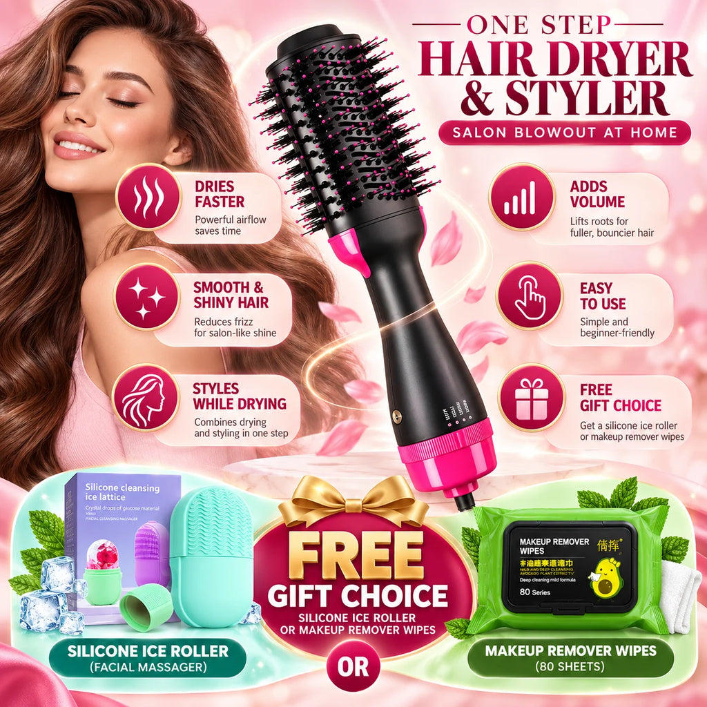 One Step Hot Air Brush Hair Dryer with FREE ice roller & makeup remover wipes