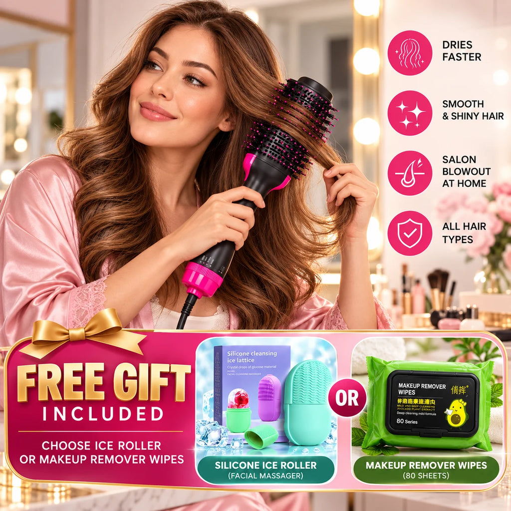 One Step Hot Air Brush Hair Dryer with FREE ice roller & makeup remover wipes