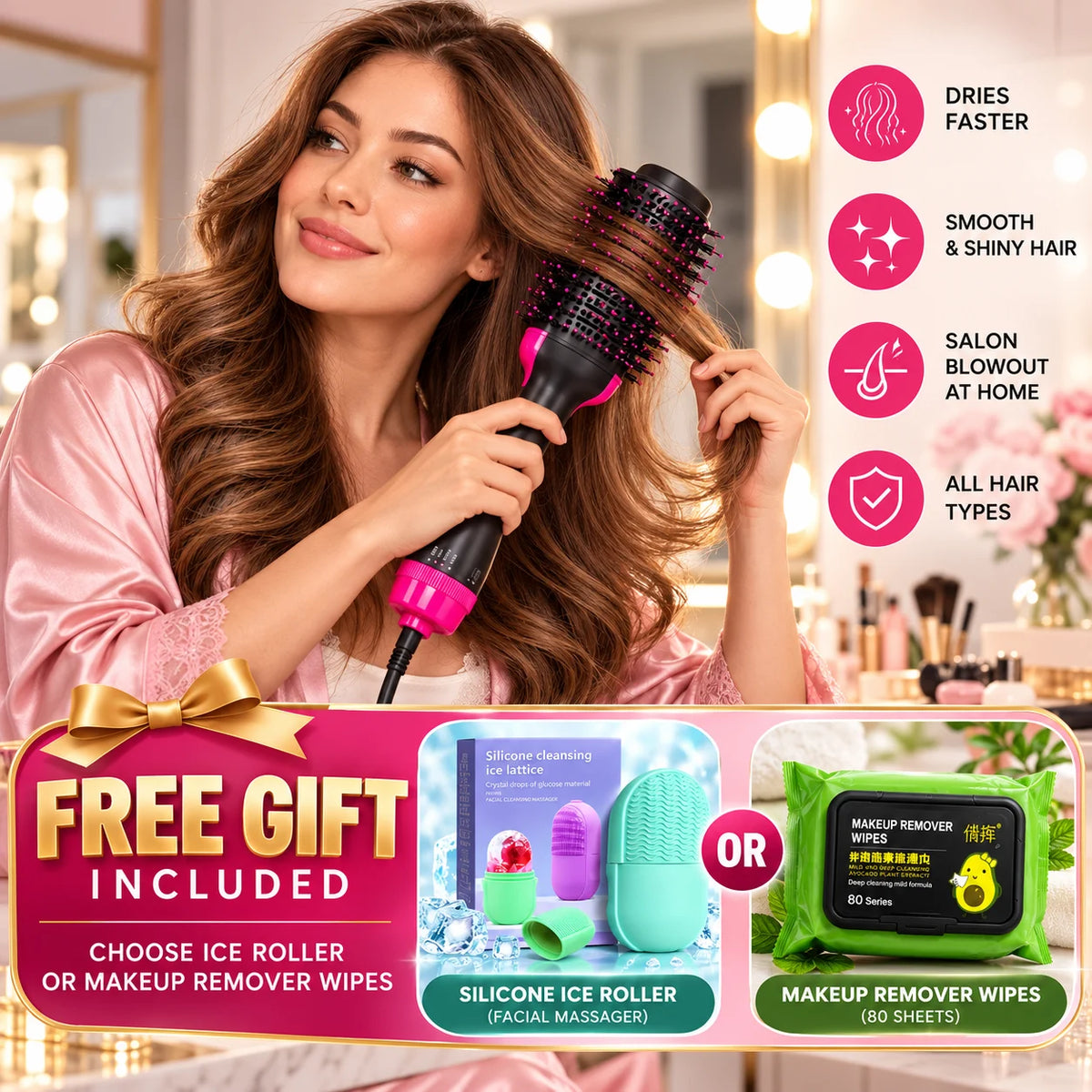 One Step Hot Air Brush Hair Dryer with FREE ice roller & makeup remover wipes