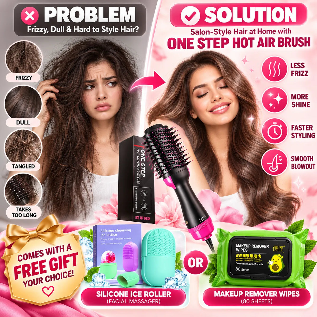 One Step Hot Air Brush Hair Dryer with FREE ice roller & makeup remover wipes