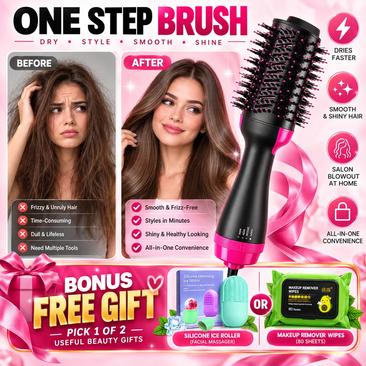 One Step Hot Air Brush Hair Dryer with FREE ice roller & makeup remover wipes