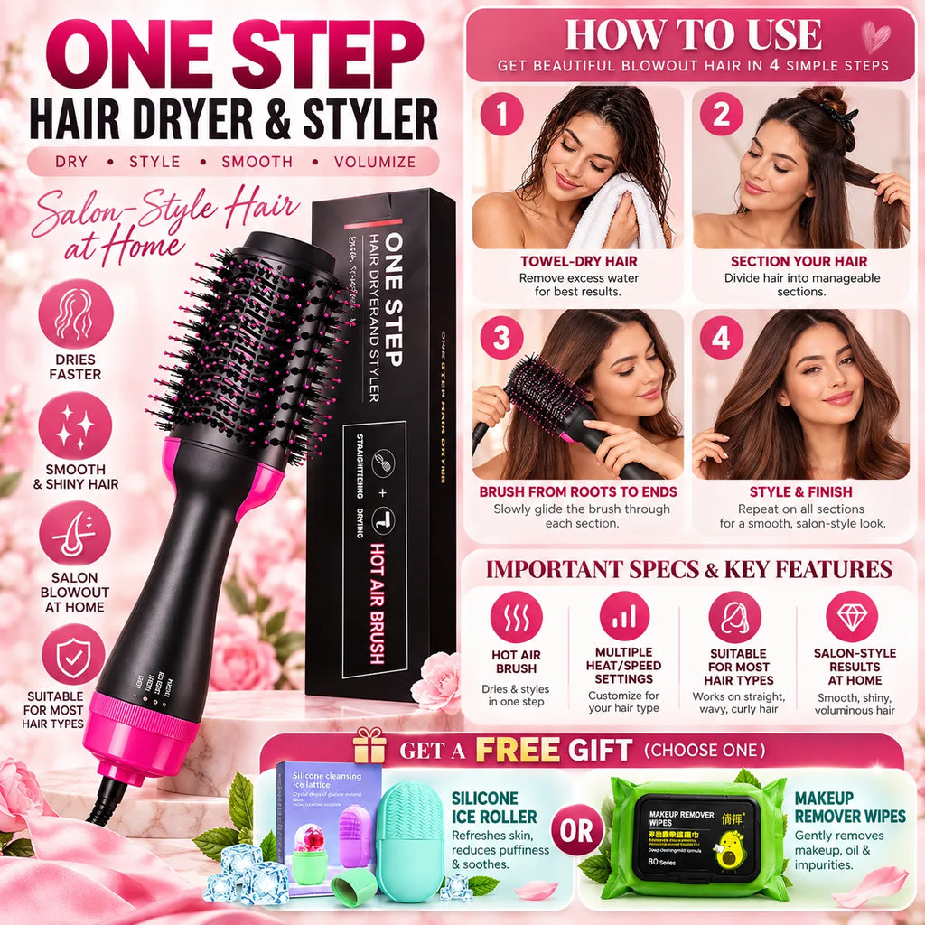 One Step Hot Air Brush Hair Dryer with FREE ice roller & makeup remover wipes