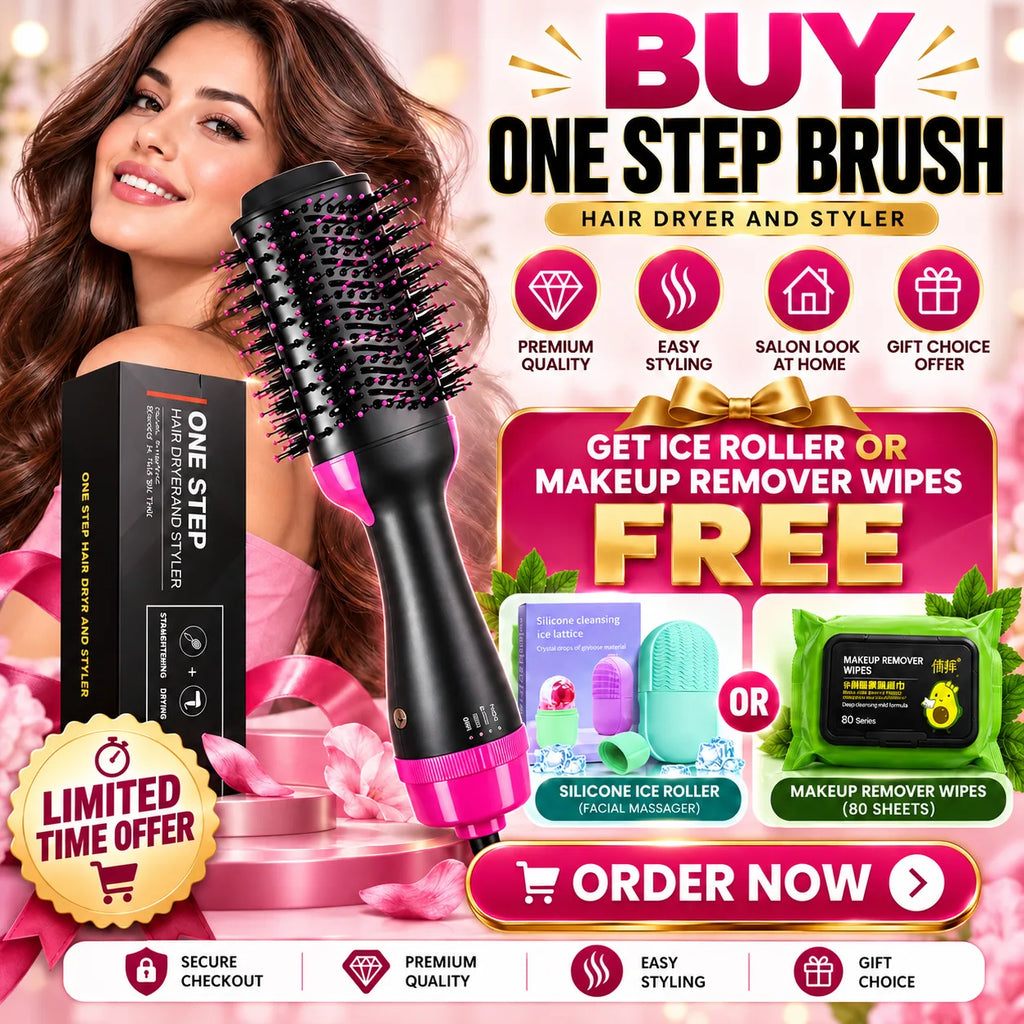 One Step Hot Air Brush Hair Dryer with FREE ice roller & makeup remover wipes