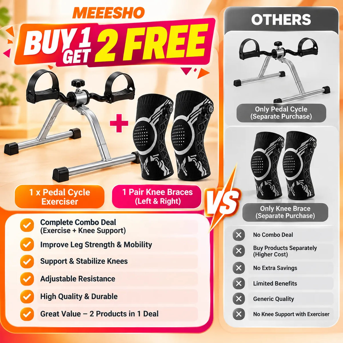 Pedal Exerciser With Free Knee Brace Pair Combo