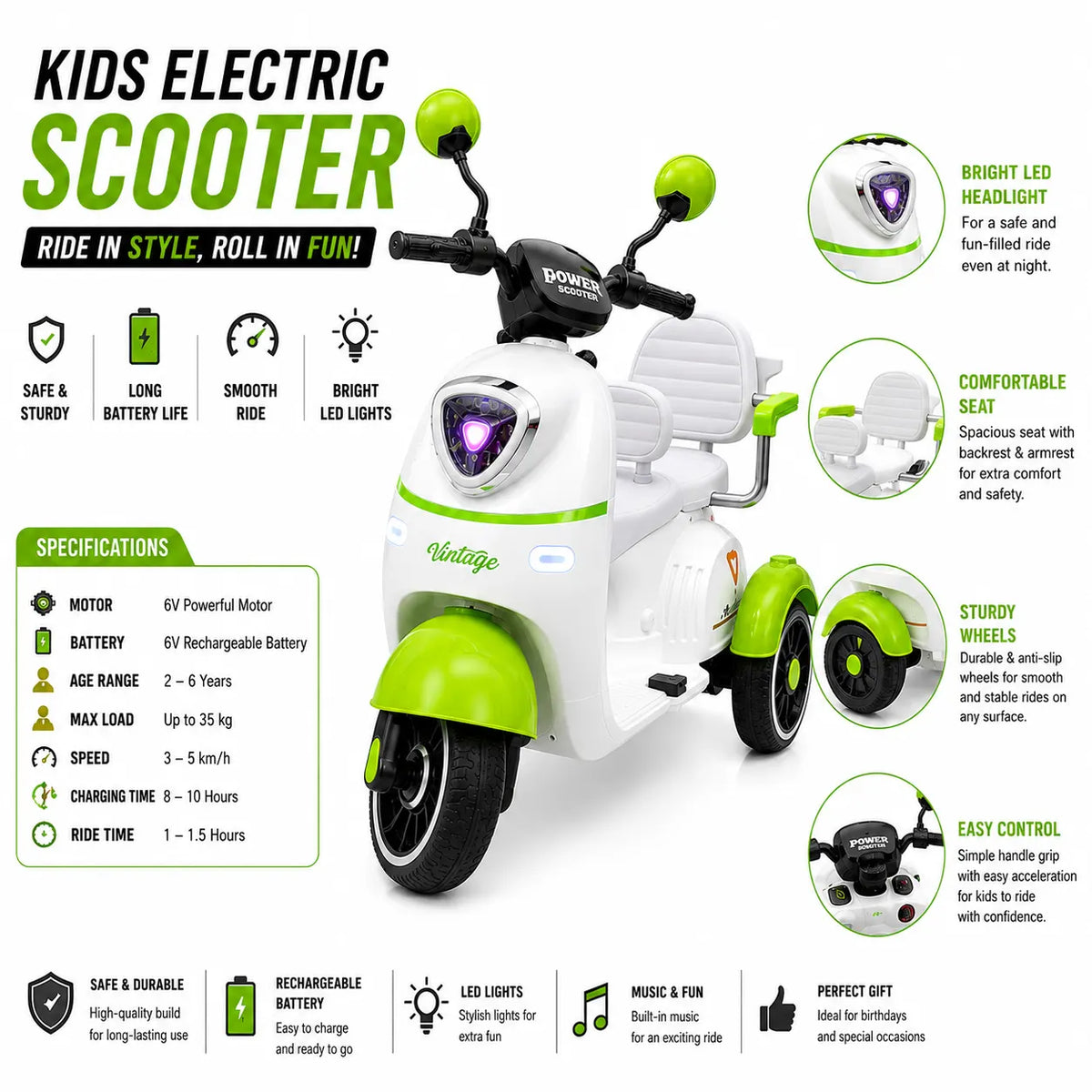 Royal Mini Vespa Kids Electric Ride-On Scooter with LED Lights
