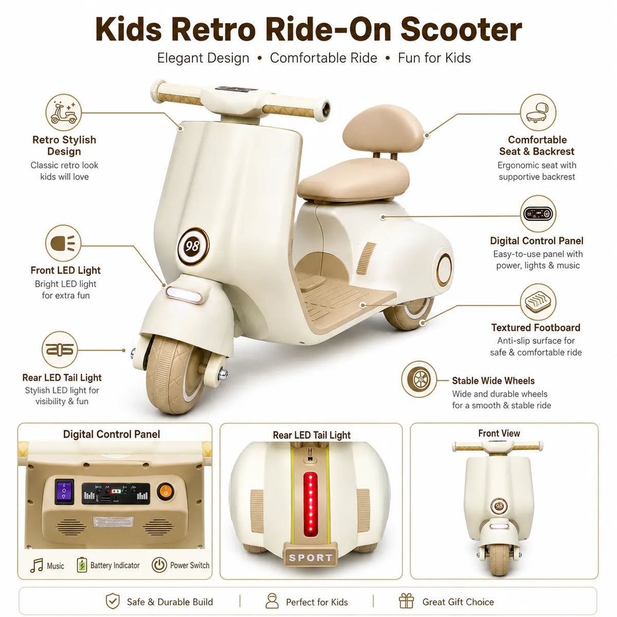 Kids Electric Vespa Scooter Rechargeable Ride-On Bike with LED Lights