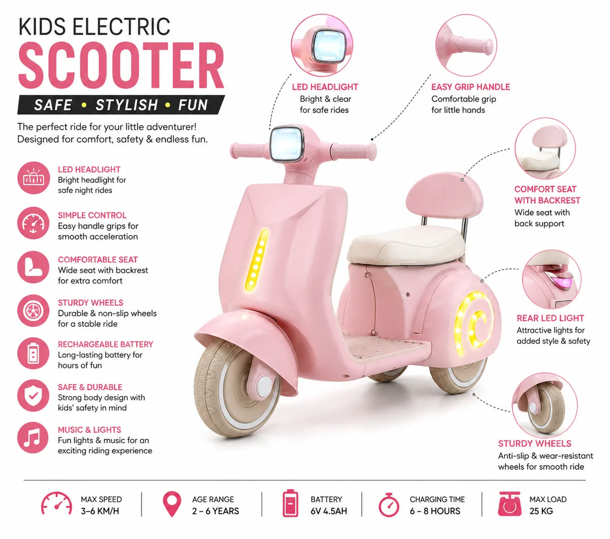 Royal Cream Vespa Kids Electric Ride-On Scooter with LED Lights
