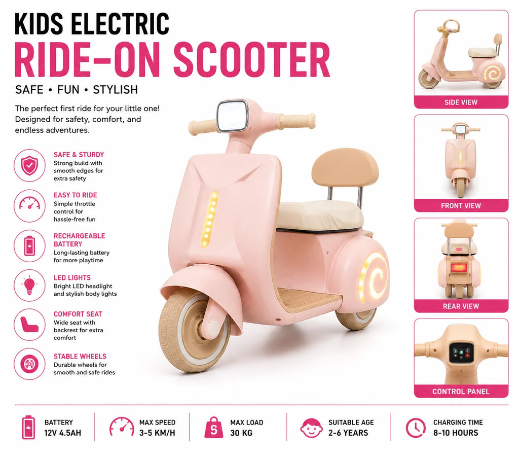 Royal Cream Vespa Kids Electric Ride-On Scooter with LED Lights