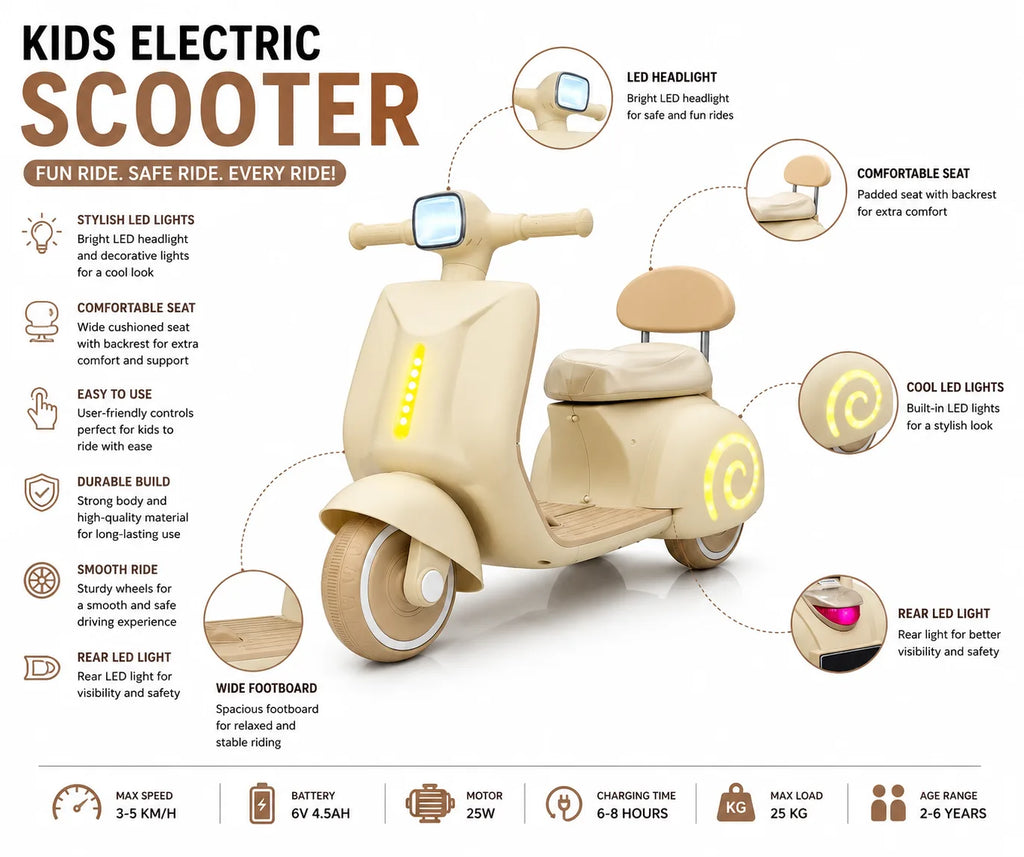 Royal Cream Vespa Kids Electric Ride-On Scooter with LED Lights