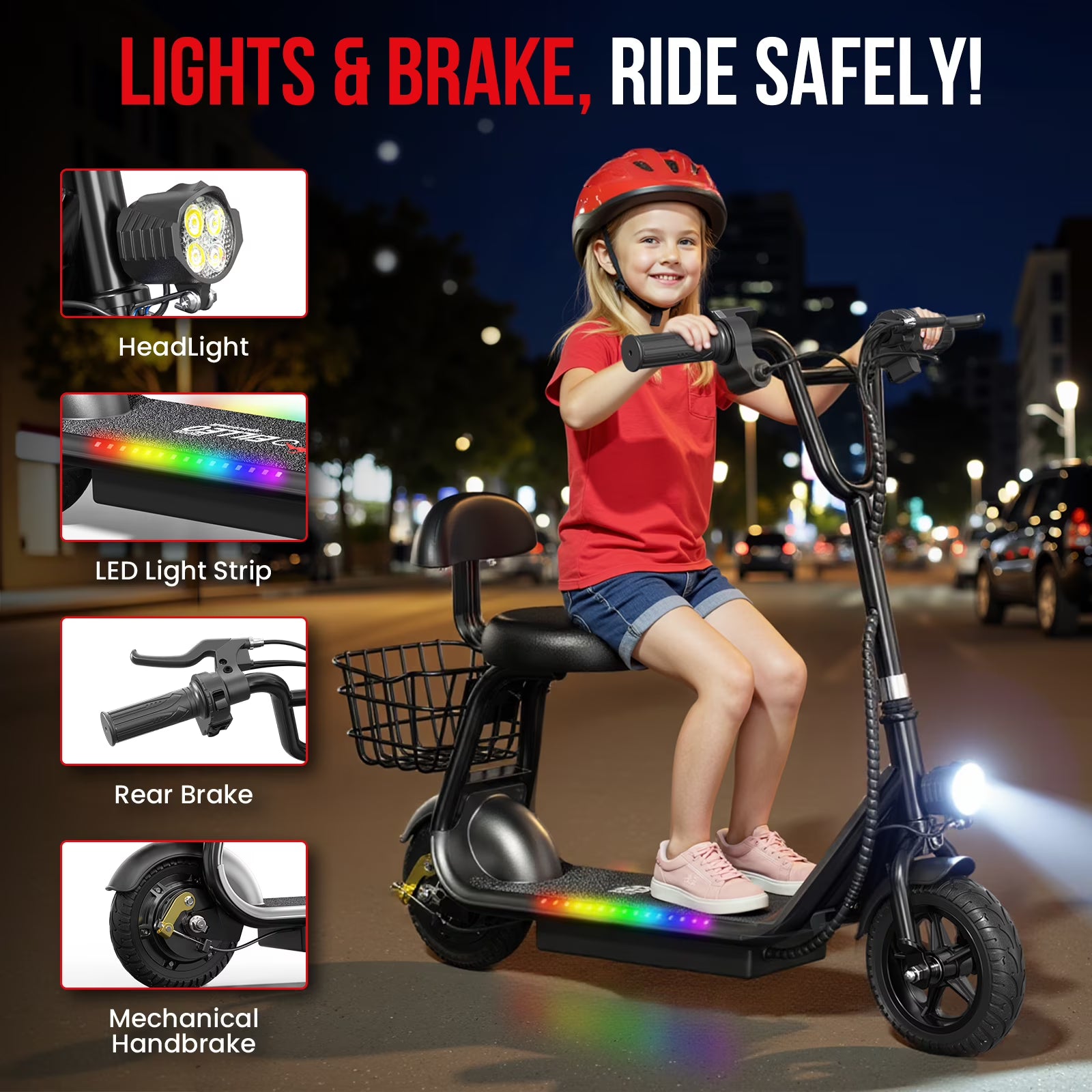 Electric Scooter Bluetooth Foldable LED Seat Basket Ride-On Fun