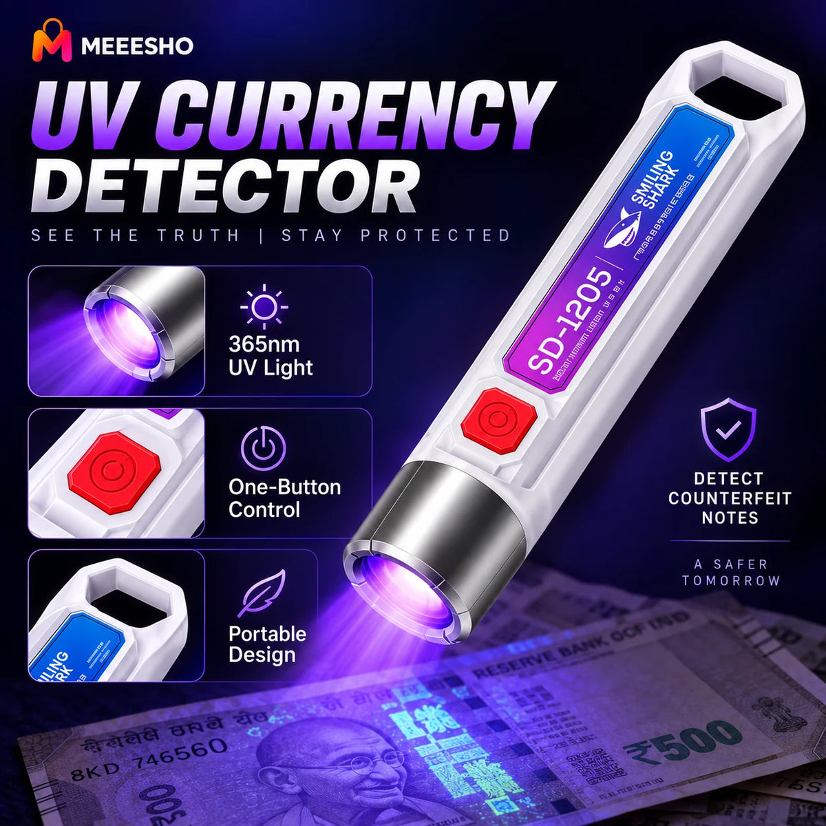 SMILING SHARK SD1205 365nm Rechargeable UV Currency Detector Flashlight Torch