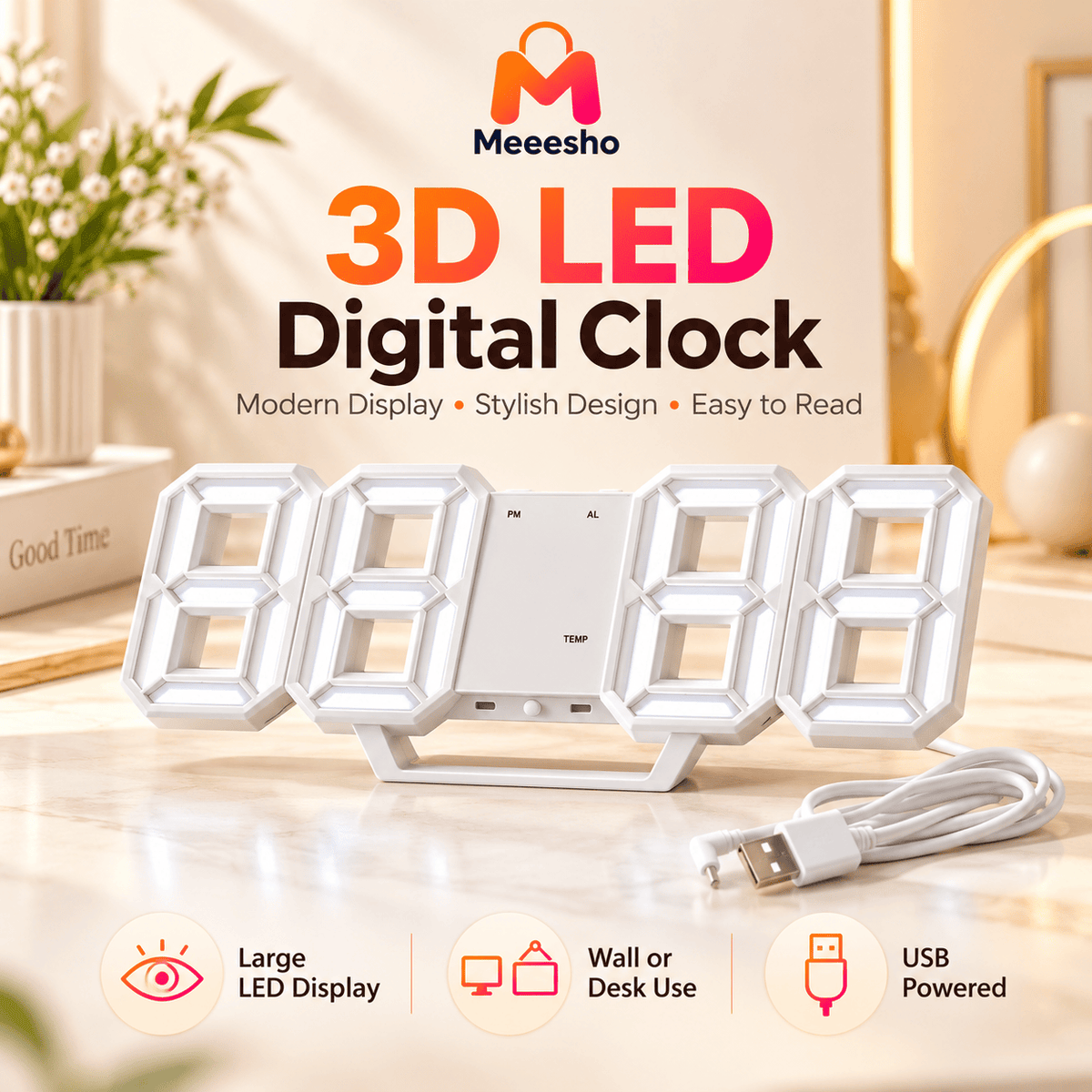 Modern 3D LED Digital Desk Clock With Large Clear Display