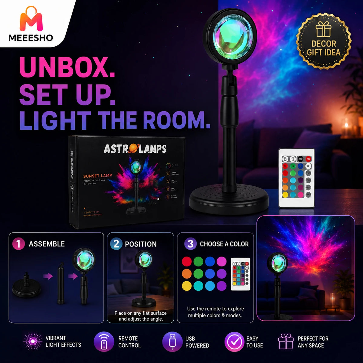 Rotatable USB Rainbow Projection Lamp Creates Dreamy Sunset Room Ambience