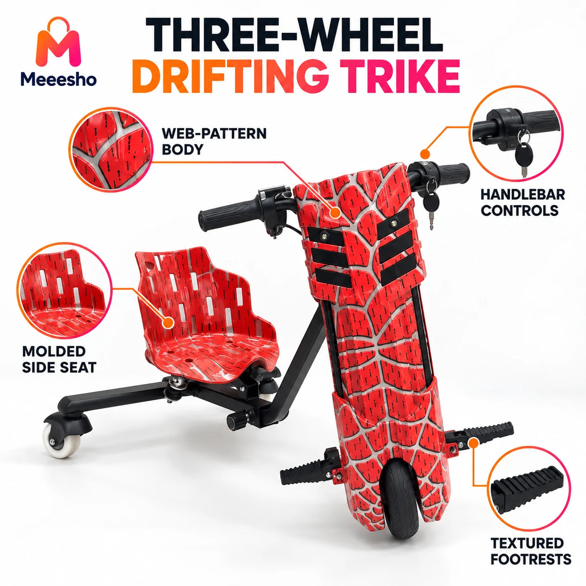 Kids Three-Wheel Electric Drifting Trike With Seat And Footrests Design