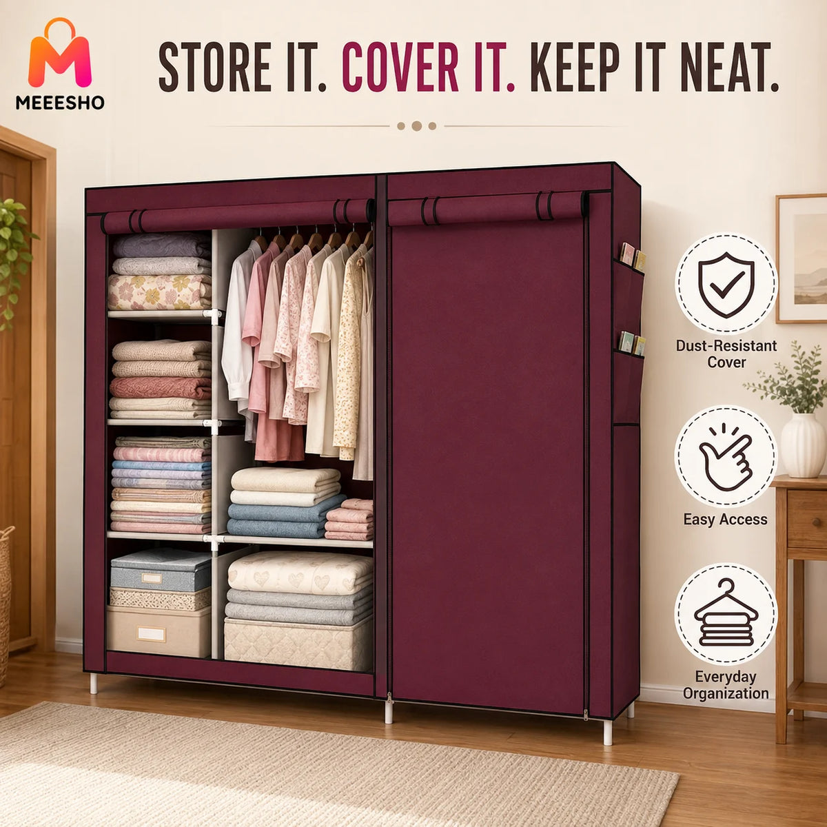 Spacious Grey Canvas Wardrobe with Sturdy Frame and Easy Assembly