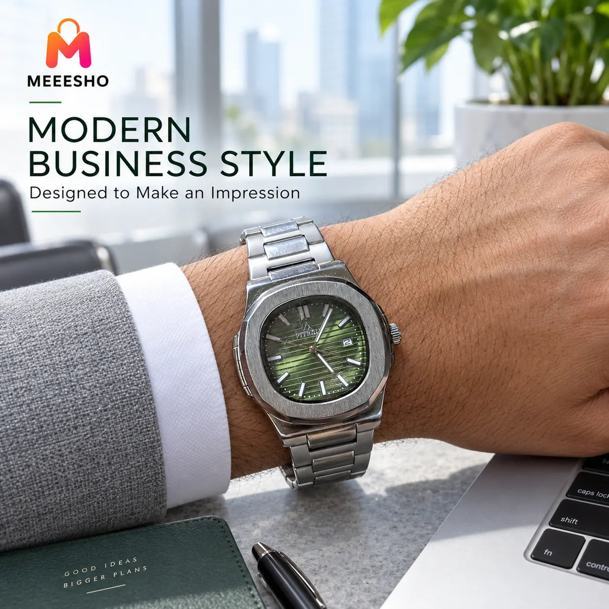 Premium Men’s Green Dial Quartz Watch with Silver Metal Bracelet