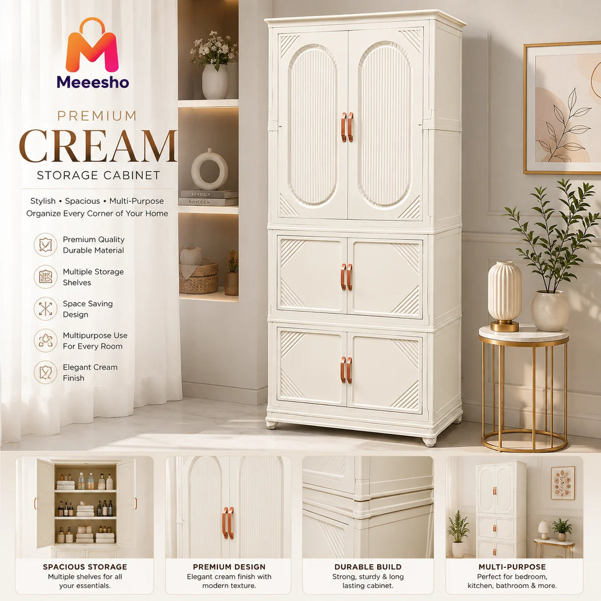 Premium Cream Storage Cabinet with Shelves for Modern Home Organization