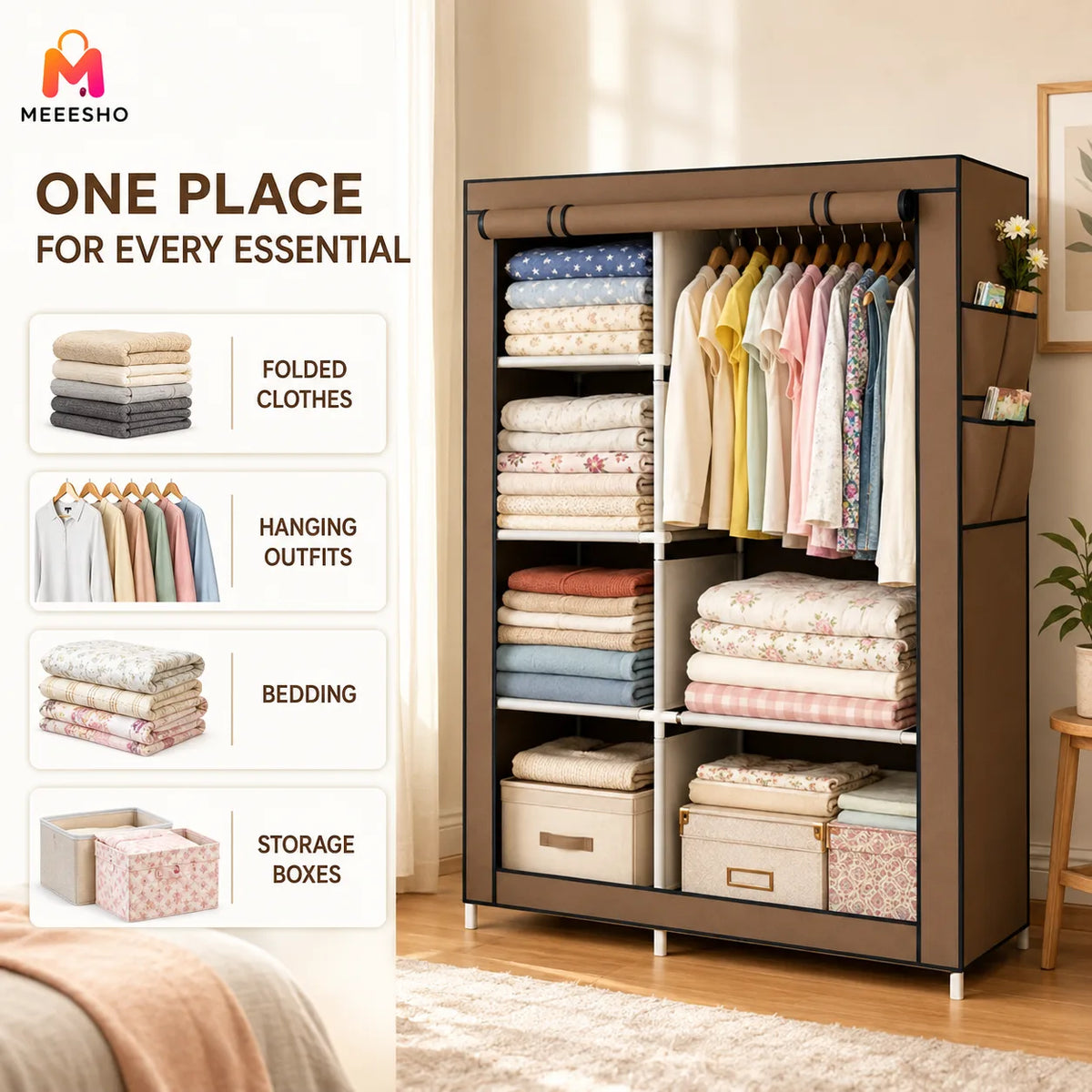 Spacious Grey Canvas Wardrobe with Sturdy Frame and Easy Assembly