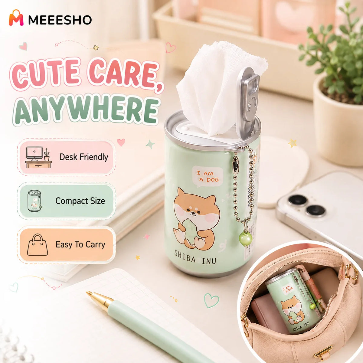 Portable Canned Wet Wipes With Cute Cartoon Chain Bell Design