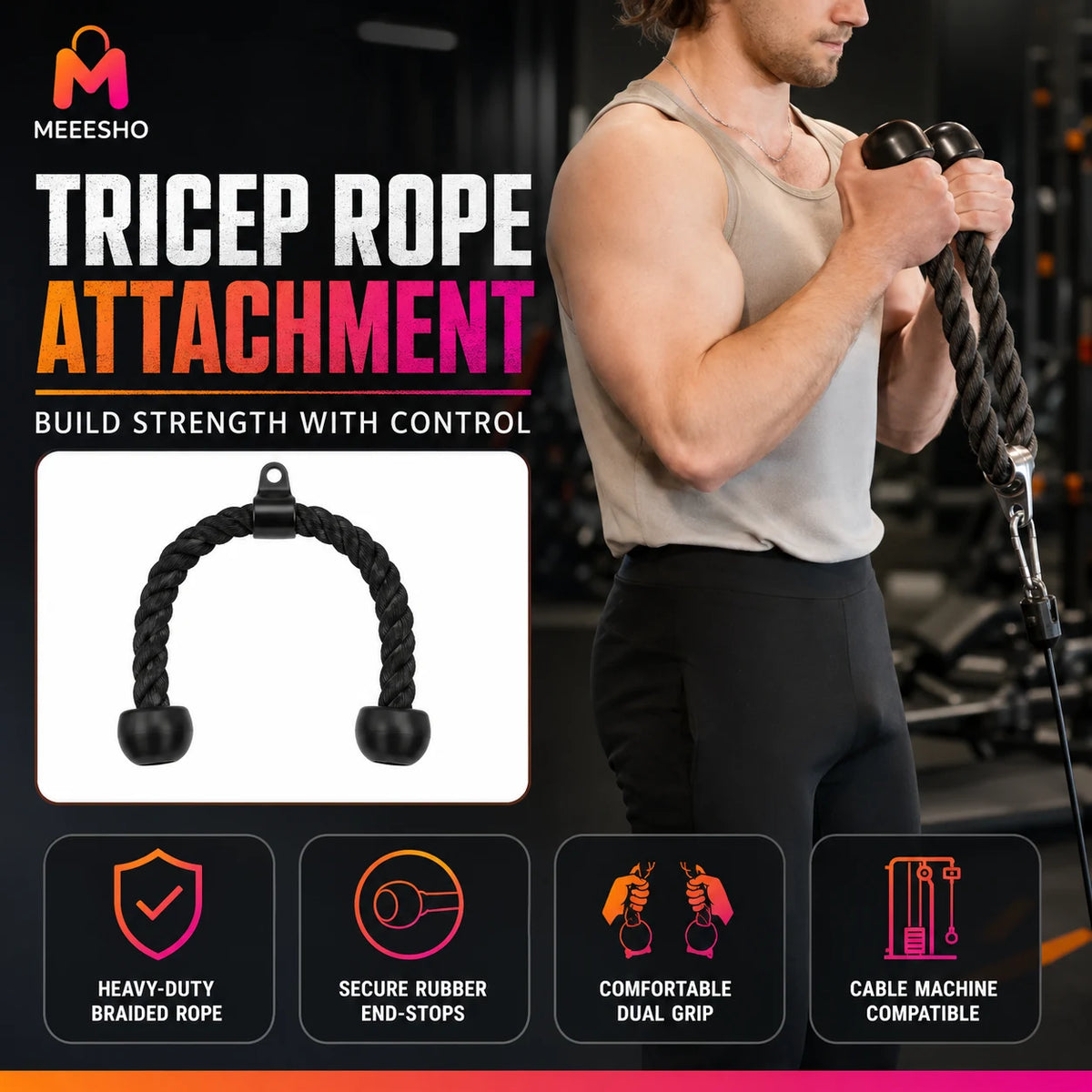 Heavy-Duty Triceps Rope Cable Attachment for Strength Training and Bodybuilding
