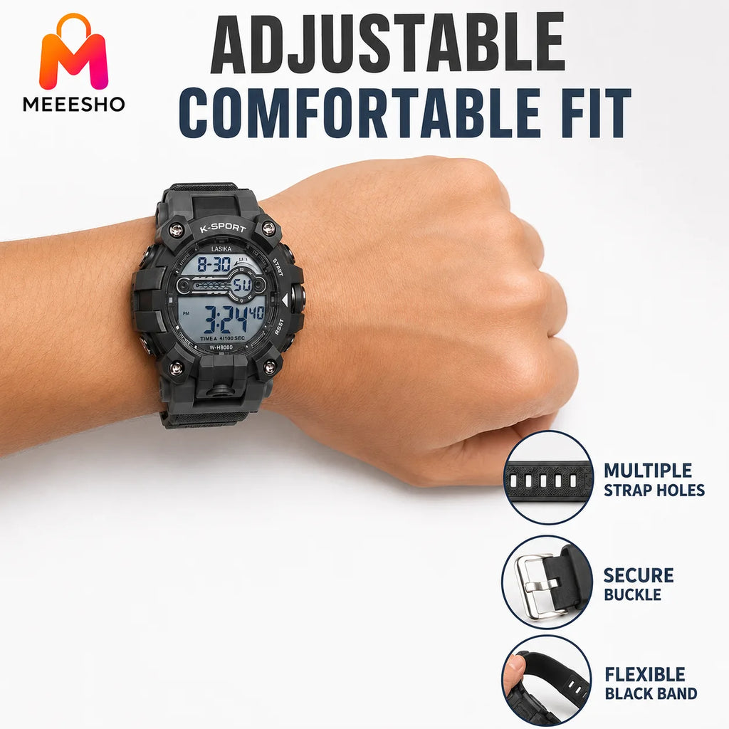 Rugged Digital Sports Watch With Adjustable Strap For Everyday Wear