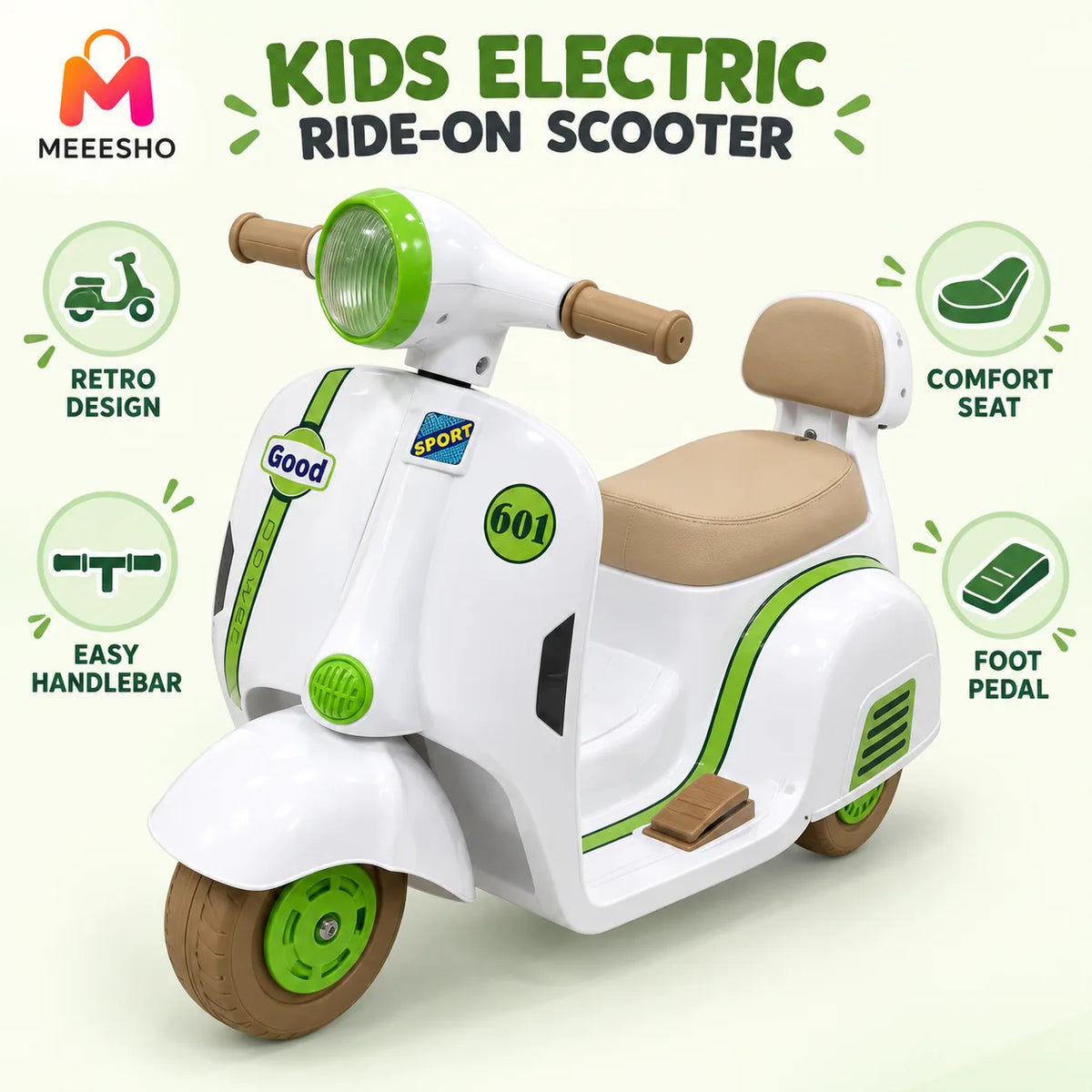 Kids Electric Ride-On Scooter With Seat, Backrest And Foot Pedal