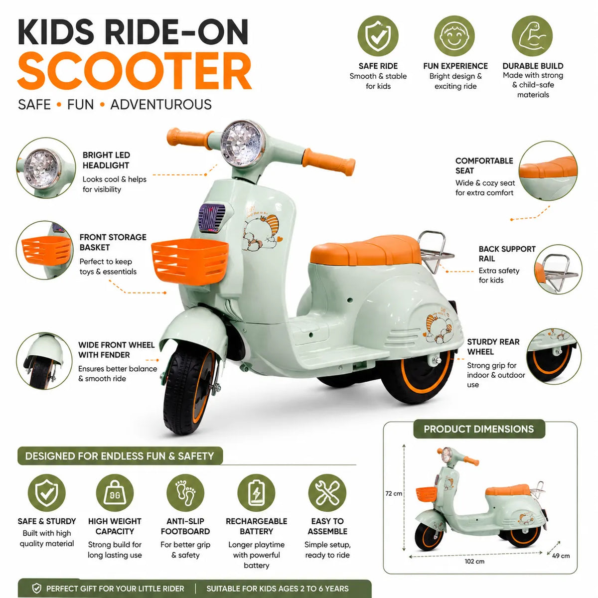 Kids Electric Vespa Ride-On Scooter with Basket, Lights and Seat