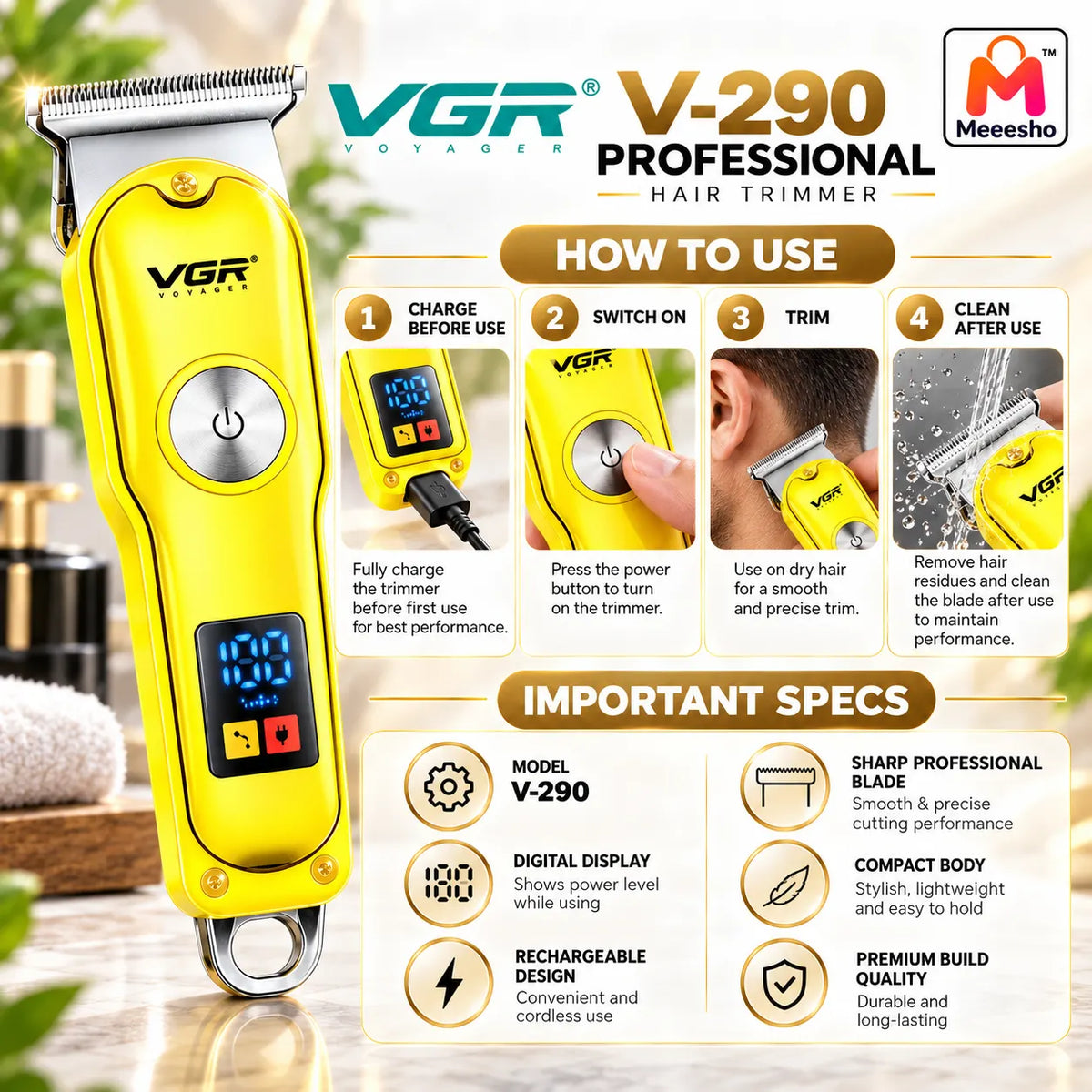VGR V-290 Professional Hair Trimmer for Sharp Cuts