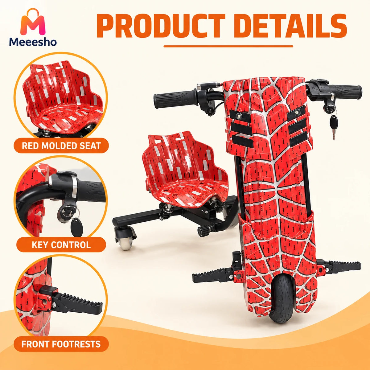 Kids Three-Wheel Electric Drifting Trike With Seat And Footrests Design