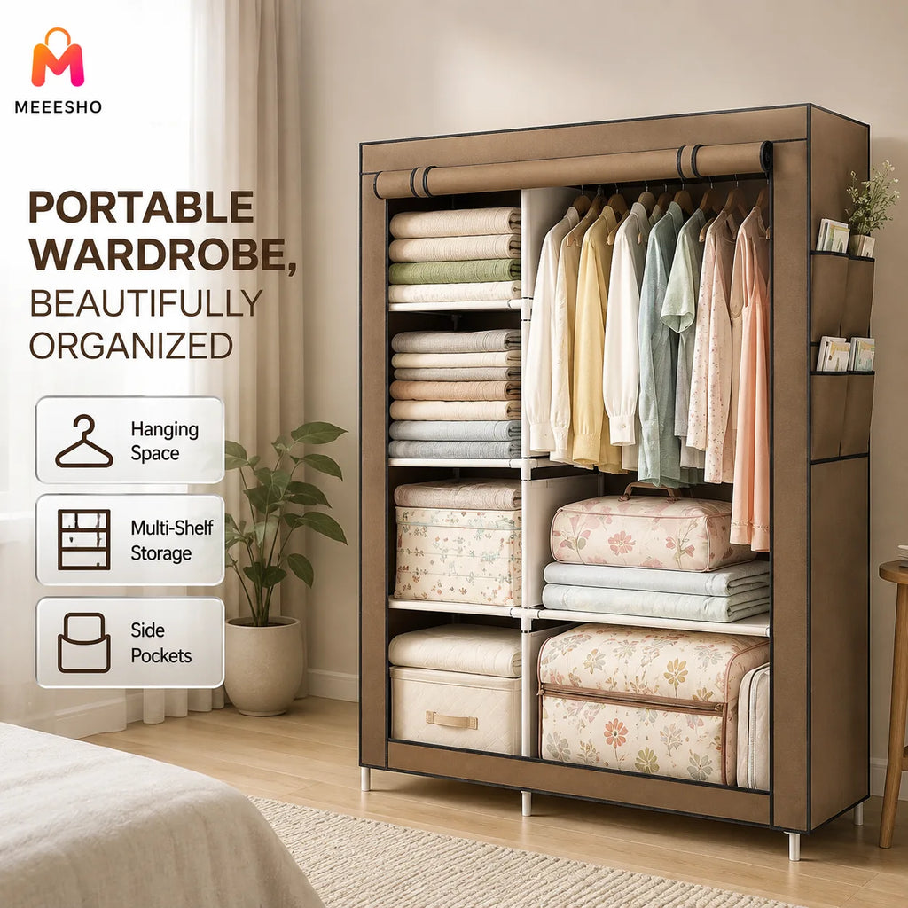 Spacious Grey Canvas Wardrobe with Sturdy Frame and Easy Assembly