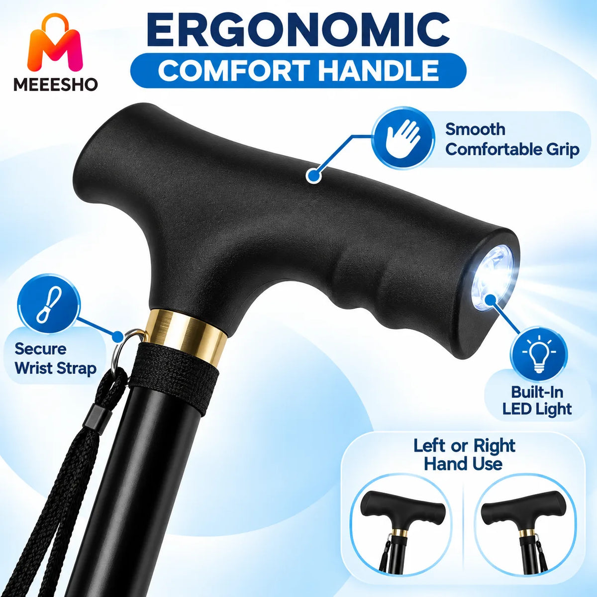 Foldable Adjustable Trekking Pole With Light For Safe Comfortable Walking
