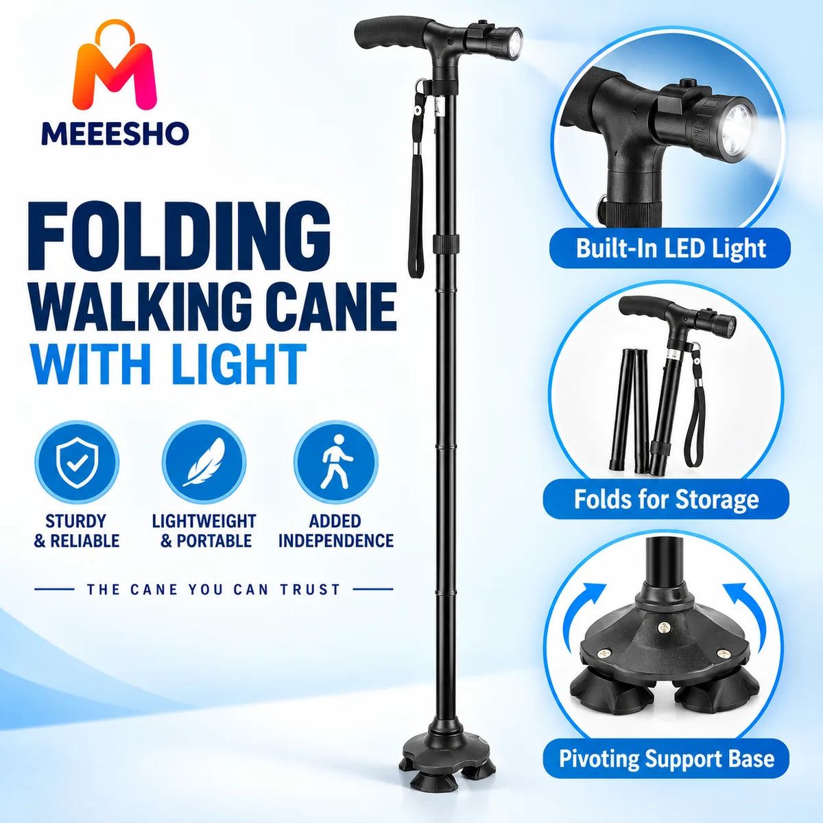 Foldable Adjustable Trekking Pole With Light For Safe Comfortable Walking