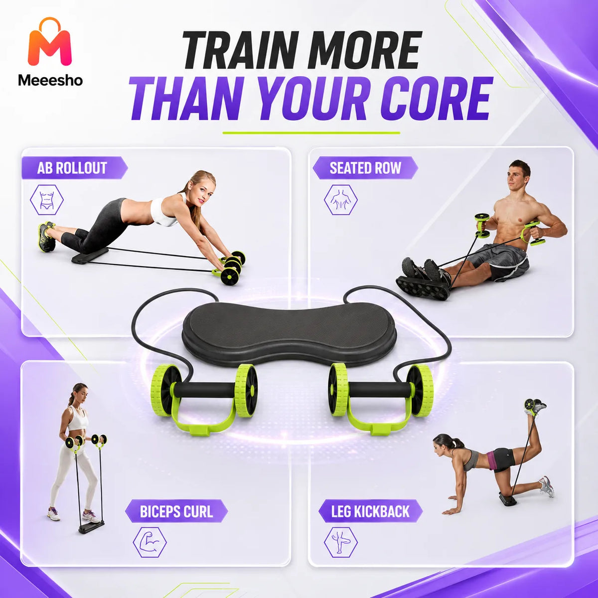 Multifunctional Core Trainer Ab Wheel With Resistance Cords for Home