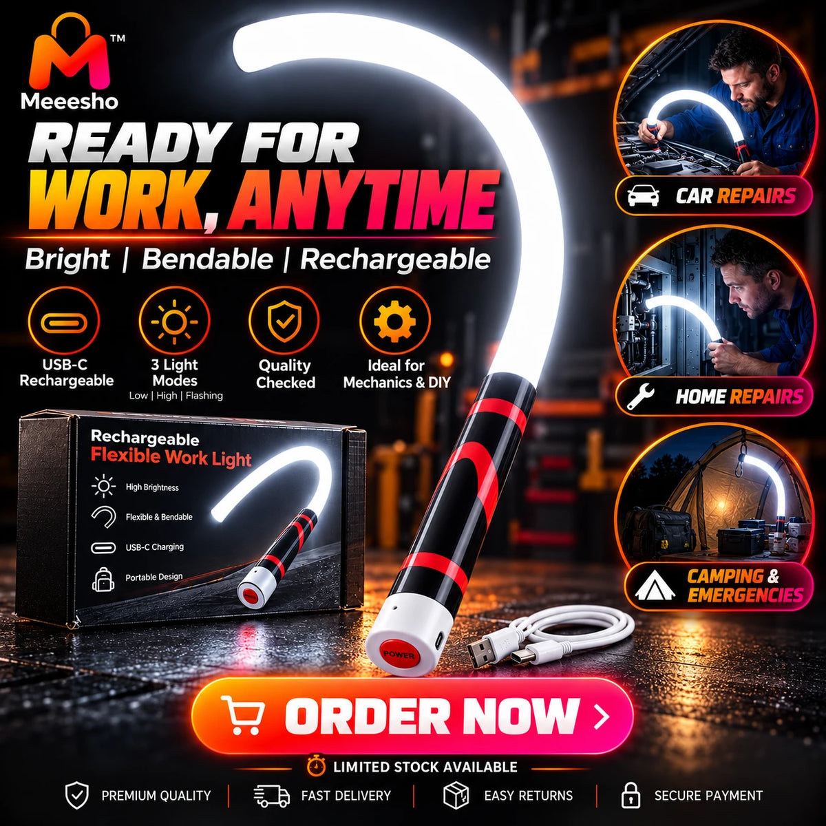Rechargeable Flexible LED Work Light for Repairs (73 CM)
