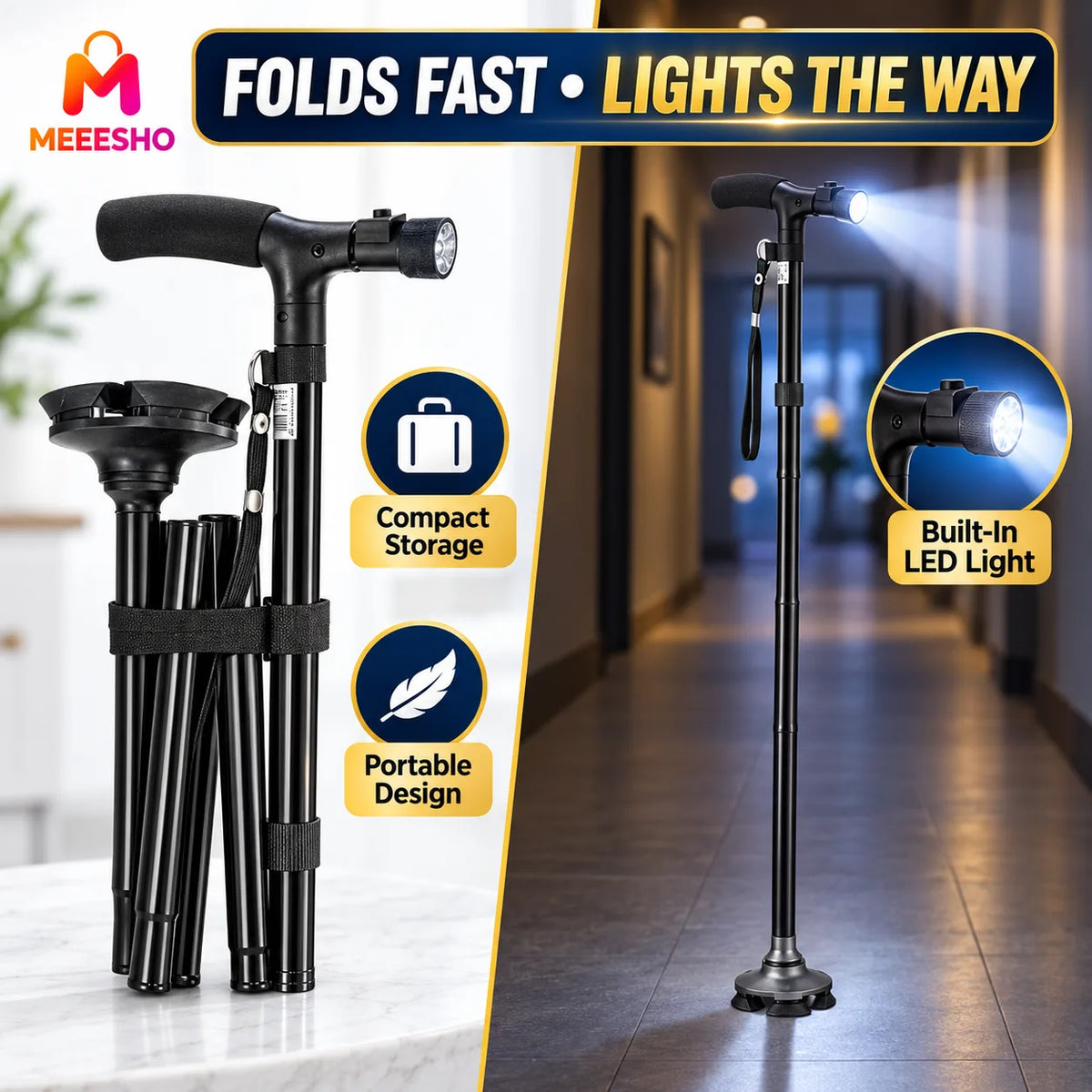 Foldable Adjustable Trekking Pole With Light For Safe Comfortable Walking