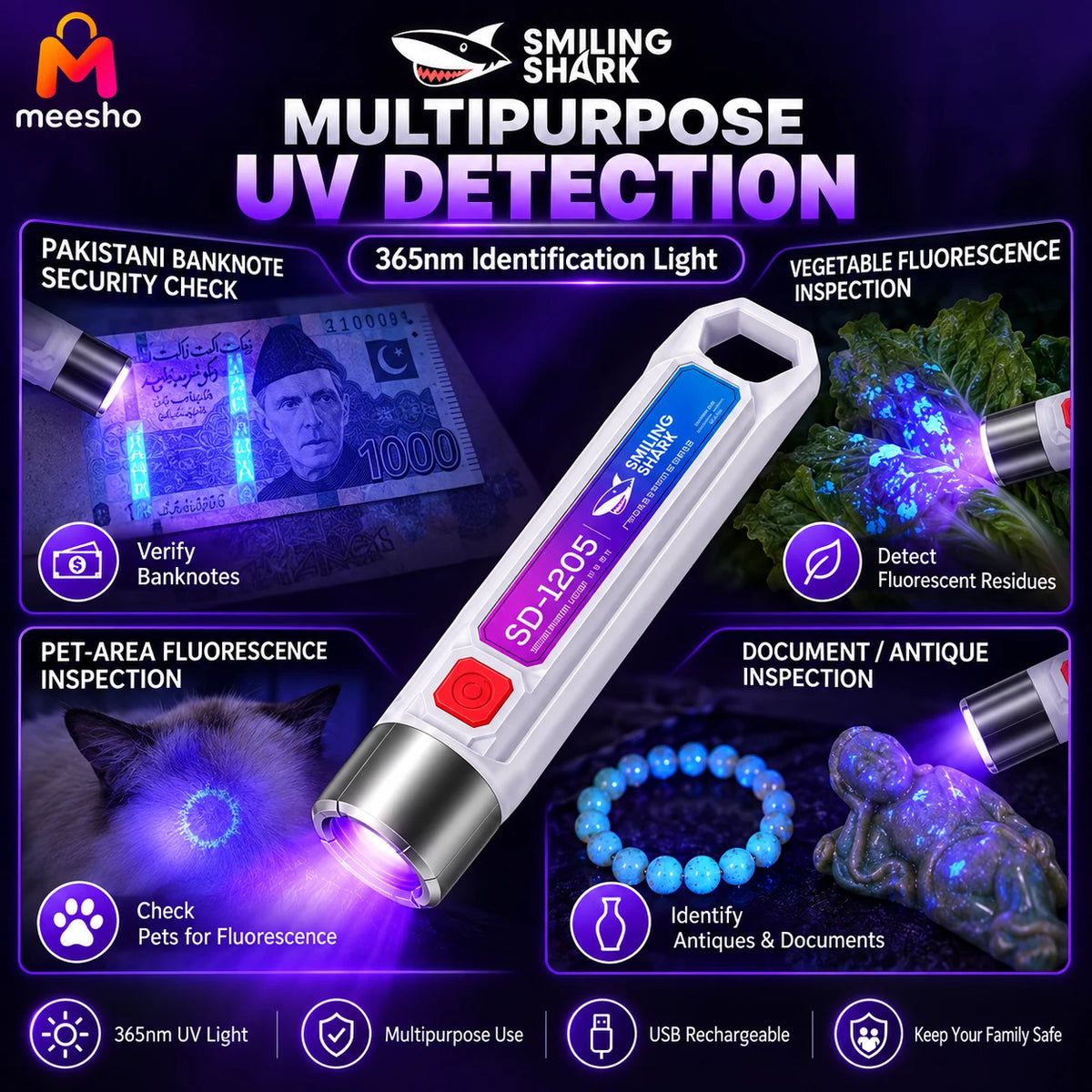 SMILING SHARK SD1205 365nm Rechargeable UV Currency Detector Flashlight Torch
