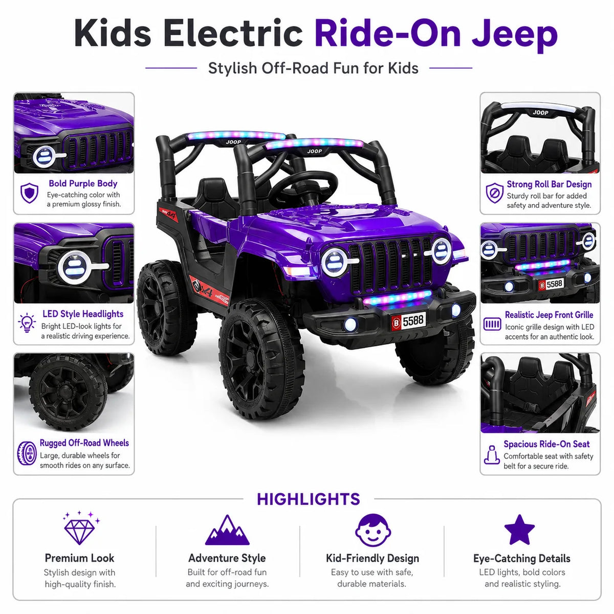 Purple Kids Electric Jeep Large Ride-On 4x4 Adventure Vehicle Toy