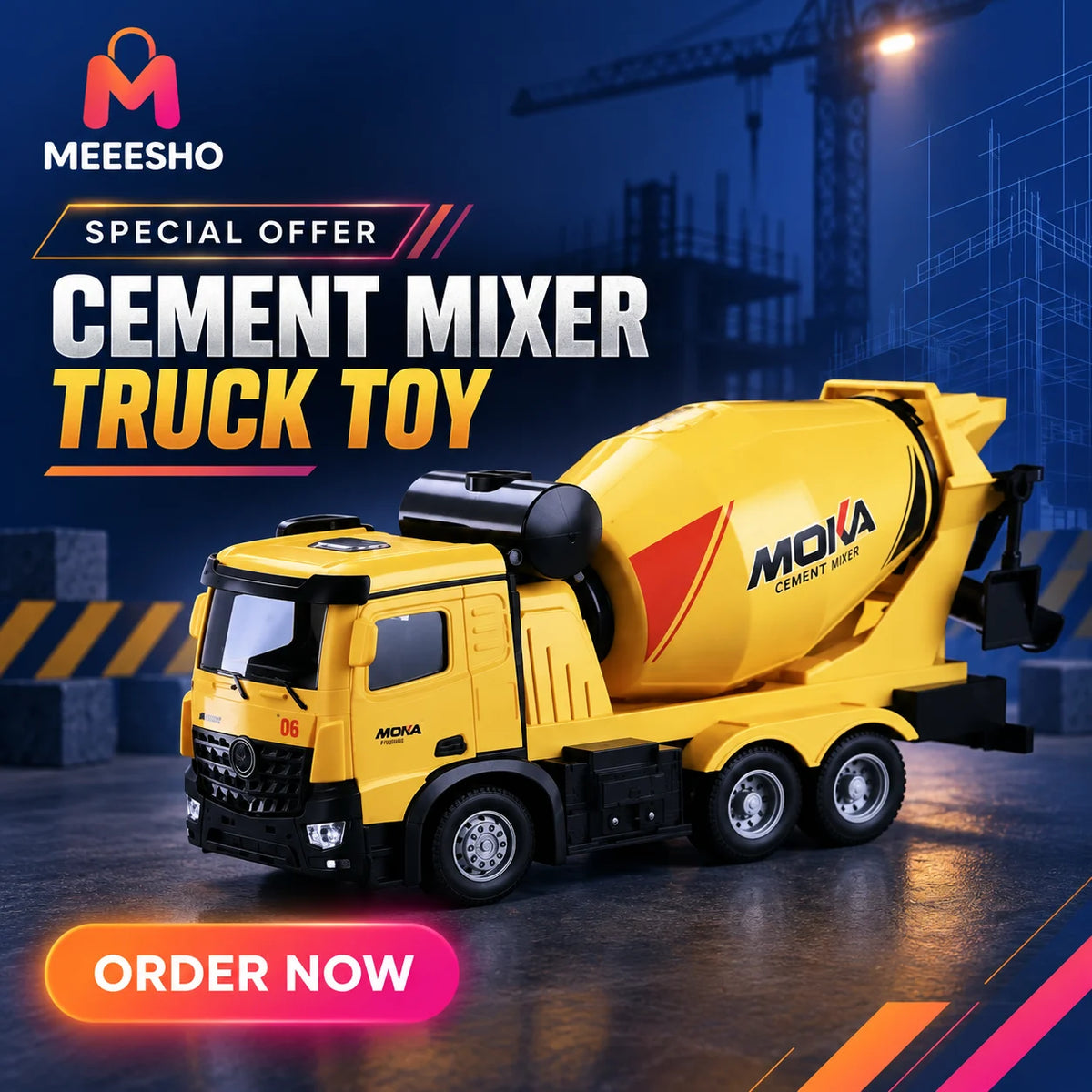 Moka Yellow Cement Mixer Truck Toy With Realistic Construction Vehicle Design