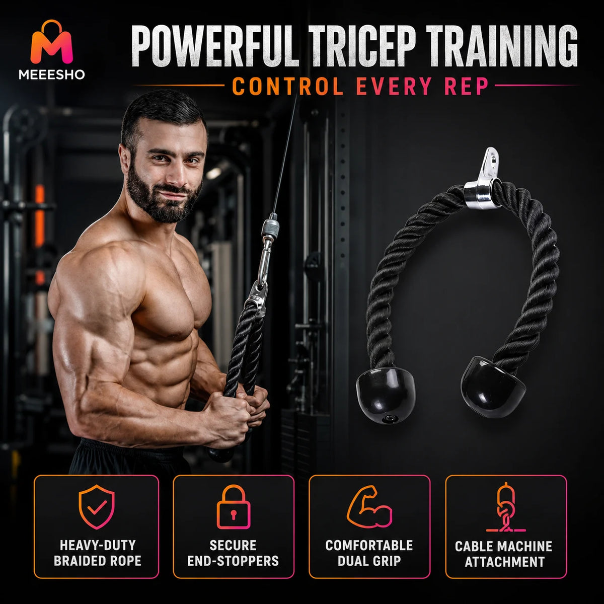 Heavy-Duty Triceps Rope Cable Attachment for Strength Training and Bodybuilding